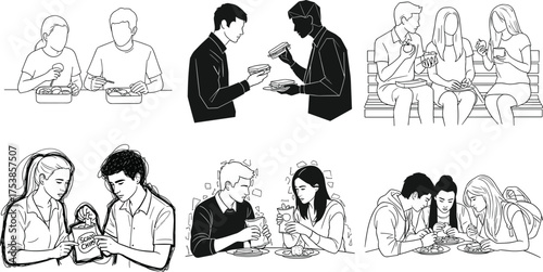 Friends eating lunch together, students sharing food, people dining, casual snack break, outdoor meal, young people eating, vector line drawing