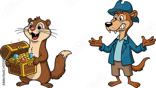 Funny cartoon animals, chipmunk holding treasure chest of gold and gems, wolf character in clothes, cute vector mascot illustration