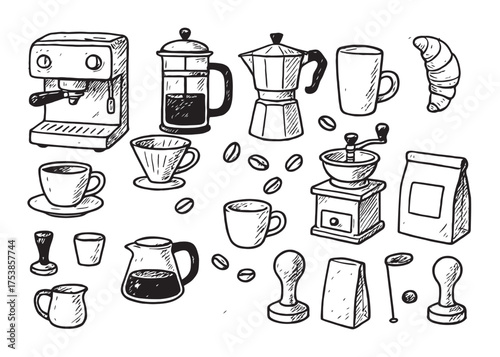 Hand Drawn Coffee Brewing Tools Vector Set Black and White Sketch Cafe Life Illustration