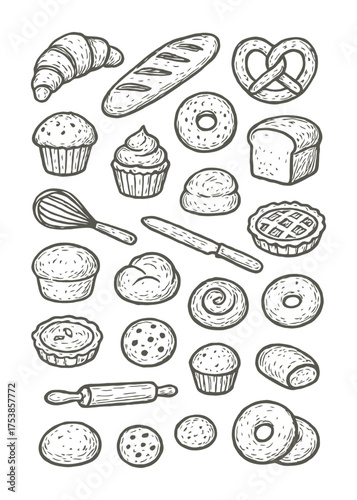 Bread and Pastry Hand-Drawn Vector Set Black and White Bakery Sketch Illustration