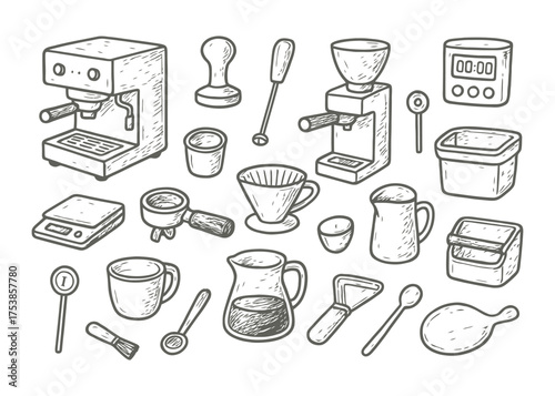Barista Equipment Doodle Vector Set Hand-Drawn Coffee Tools Black and White Sketch Illustration