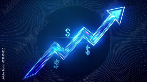 Growth chart shows upward trend with dollar signs in a blue neon style