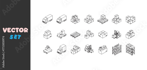 Collection of hand drawn isometric industrial machine parts and components