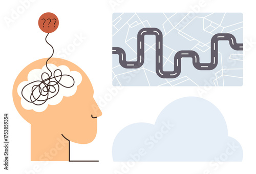 Human head with chaotic lines in brain and question marks, connected to a winding roadmap and cloud. Ideal for mental health, decision-making, problem-solving, focus, strategy, planning, mindfulness