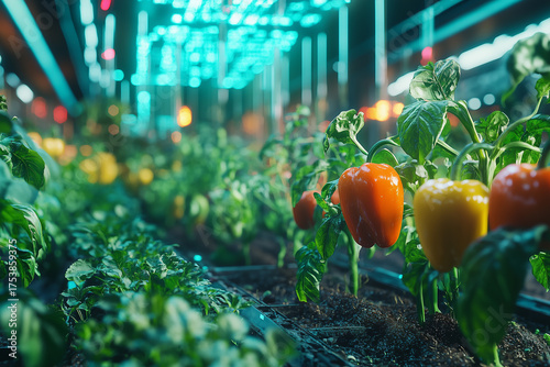 Smart greenhouse with artificial intelligence holographic data showcasing the of advanced technologies. Sustainable Agriculture organic produce. 