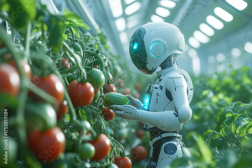 Humanoid robot carefully inspecting tomatoes and cucumbers in vertical farm, showcasing AI and futuristic agriculture technology. 