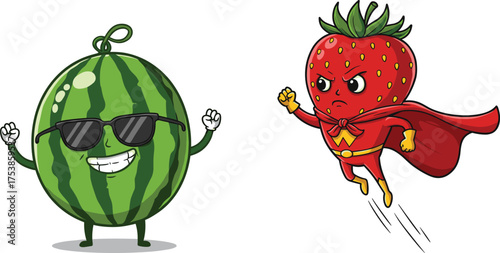 Funny watermelon and strawberry superhero cartoon characters, cute fruit illustration, flying strawberry hero, smiling watermelon mascot, vector art, white background