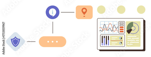 Flowchart linking security, location, and processes to an analytics dashboard with charts and graphs. Ideal for cybersecurity, data management, monitoring, business operations, IT workflow