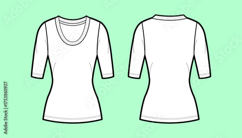 Women's Slim Fit Scoop Neck T-Shirt with Three-Quarter Sleeves Fashion Flat Sketch Vector