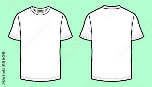 Photos Short-Sleeve T-Shirt Flat Sketch – Front & Back View with Standard Seaming