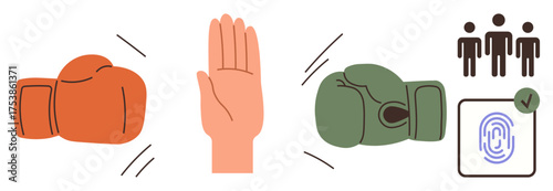 Red and green boxing gloves, open hand signaling stop, a group of people silhouettes, and a verified fingerprint. Ideal for teamwork, mediation, trust, decision-making, security negotiation