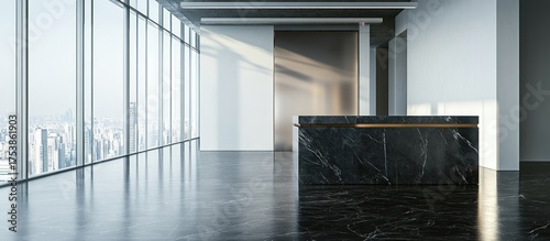 Elegant modern office lobby with marble reception desk and city view