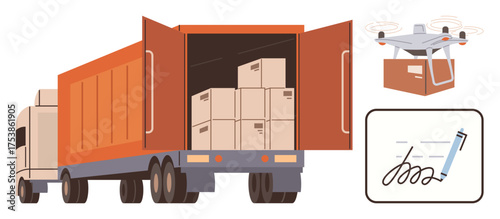 Cargo truck loaded with boxes, delivery quadcopter carrying package, and signed receipt. Ideal for logistics, supply chain, delivery management, automation, ecommerce, transportation simple flat