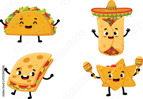 Cute cartoon taco, burrito, nachos, quesadilla characters, funny Mexican food illustration, kawaii fast food vector art, adorable fiesta snacks