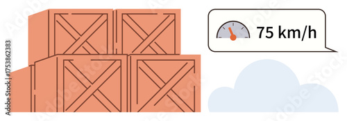 Stacked wooden cargo crates with a speedometer reading of 75 kmh in a speech bubble, alongside a cloud. Ideal for logistics, transportation, speed, agility, freight, supply chain, simple flat