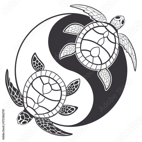Yin and yang symbol featuring two turtles