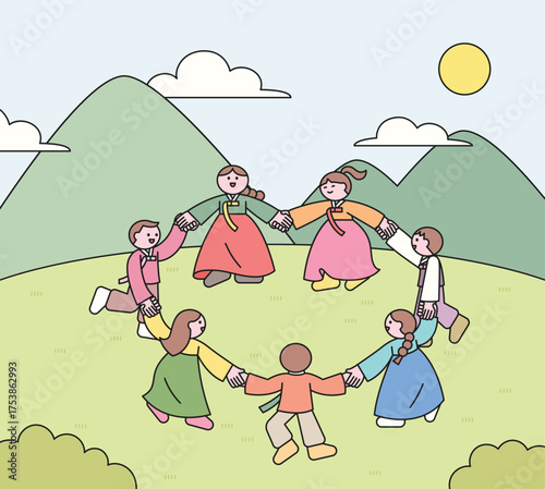 Children in hanbok playing a traditional Korean circle dance, holding hands in a sunny field with mountains in the background.
