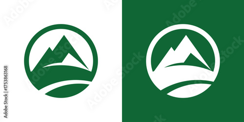 Modern vector logo featuring a mountain landscape inside a circle, symbolizing nature, adventure, stability, and balance. Clean geometric design, ideal for travel, outdoor, and eco branding.
