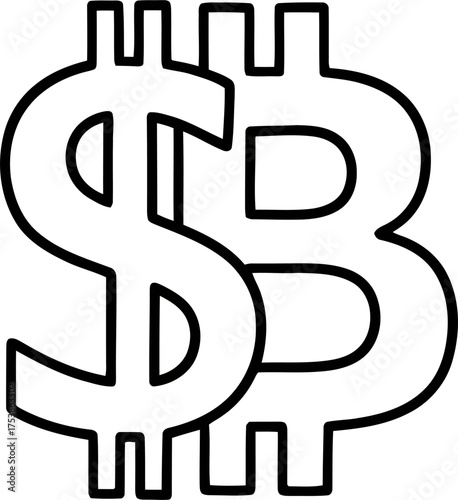 Dollar and Bitcoin symbol icon. Line art concept of fiat vs crypto currency, finance, and exchange