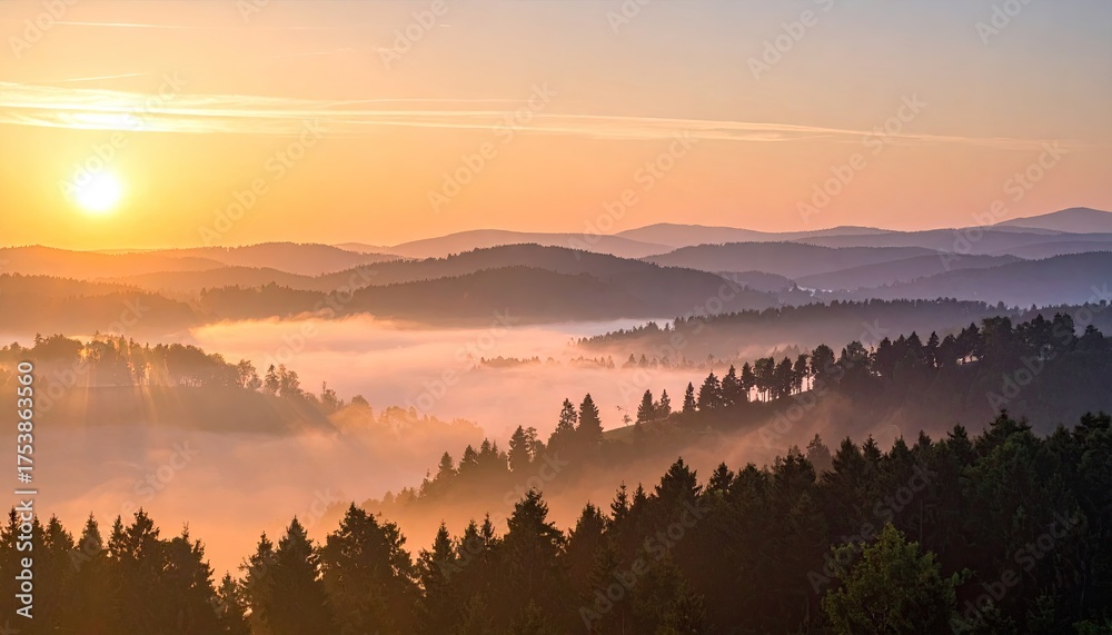 Obraz premium Golden Sunrise Over Misty Valley with Forested Hills at Daybreak