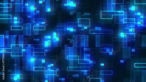 Dark technology background of glowing blue geometric rectangles moving