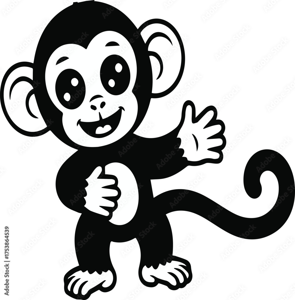 Obraz premium Adorable black and white happy monkey mascot illustration waving hand, isolated graphic design element for children.