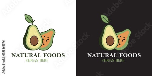 Fresh avocado and papaya logo design for healthy food brand identity, perfect for natural products, vegan restaurants, and organic food stores, showcasing vibrant produce