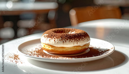 A tiramisu doughnut, dusted with cocoa powder, is presented on a white ceramic plate.