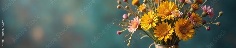 Fototapeta premium Faded Wildflower Bouquet in Antique Vase Rustic Heirloom Evoking Summer Memories