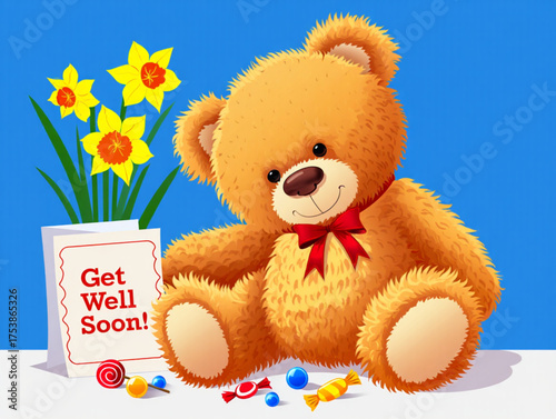 Adorable teddy bear with get well soon message and daffodils