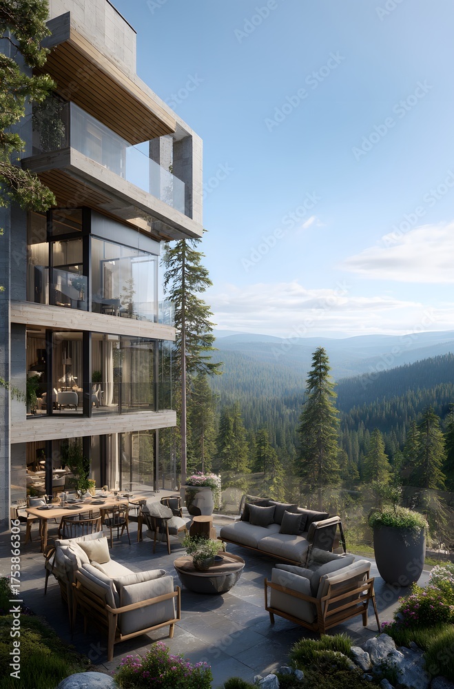 Obraz premium Luxury modern home balcony with seating and dining overlooking forest.
