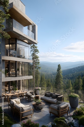 Luxury modern home balcony with seating and dining overlooking forest.