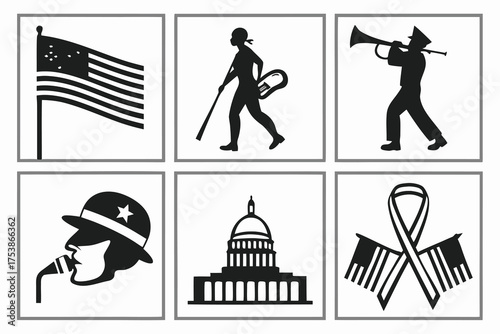 Patriotic American Symbols and Figures Silhouettes