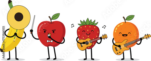Funny fruit band cartoon characters playing musical instruments, banana apple strawberry orange cute vector illustration on white background, happy music