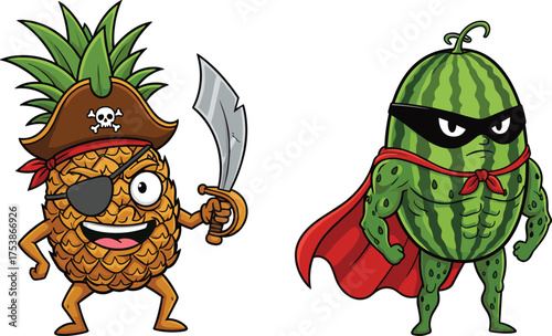 Funny pineapple pirate and strong watermelon superhero cartoon characters, fruit heroes vector illustration, cute comic fruit design, white background