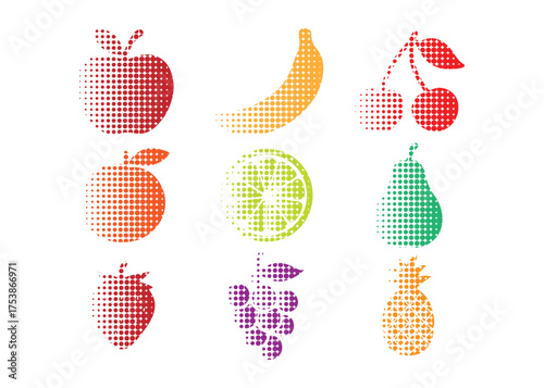 Vibrant halftone fruit medley creating a modern summer vibe for healthy eating promotions and colorful designs, perfect for food blogs and creative projects