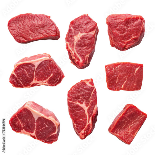 Set of many different raw beef meat pieces png beef meat png raw meat png meat chunks png cooking meat png butcher meat png transparent background image
