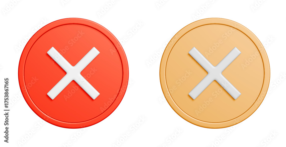 Fototapeta premium 丸いバツ印の3Dアイコンセット。赤と黄色のシンプルな禁止マークのUIイラスト