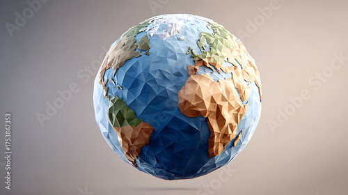 Three-dimensional Low-Poly Globe Showcasing Continents and Oceans in Vibrant Colors
