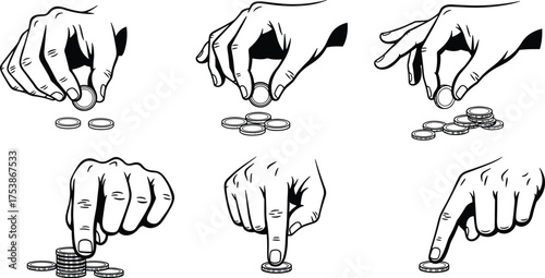 Hand stacking and counting metal coins, illustrating financial transactions, saving money, small payments, currency exchange, making change, or managing personal finances