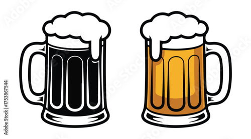 Vector art of beer mug with foam in line art style. glass of beer on white background, vector illustration of a beer mug