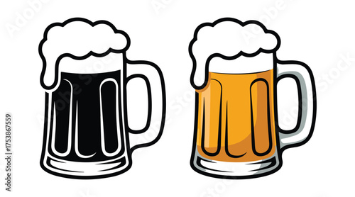 Vector art of beer mug with foam in line art style. glass of beer on white background, vector illustration of a beer mug