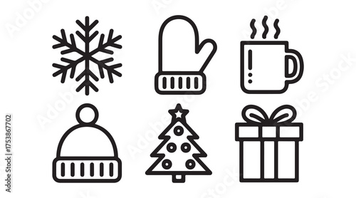 Christmas icons set with snowflake mitten hot drink winter hat tree and gift box vector illustration