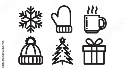Christmas icons set with snowflake mitten hot drink winter hat tree and gift box vector illustration