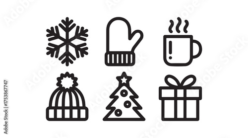 Christmas icons set with snowflake mitten hot drink winter hat tree and gift box vector illustration