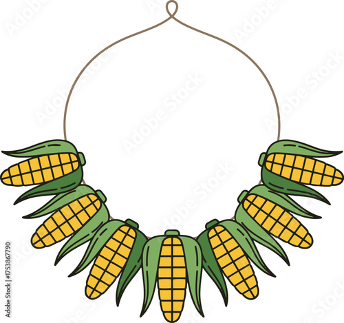 A brown string forming a necklace shape, adorned with multiple stylized ears of corn, partially shucked with green husks, arranged in a semi-circular pattern.