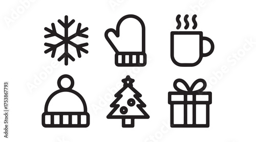 Christmas icons set with snowflake mitten hot drink winter hat tree and gift box vector illustration