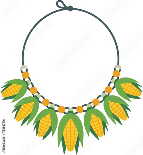 A vibrant vector illustration of a statement necklace featuring a dark cord, small orange beads, and large, stylized corn cobs with prominent green husks, designed in a bold, graphic style.