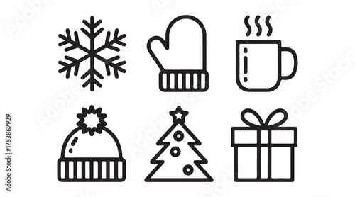 Christmas icons set with snowflake mitten hot drink winter hat tree and gift box vector illustration