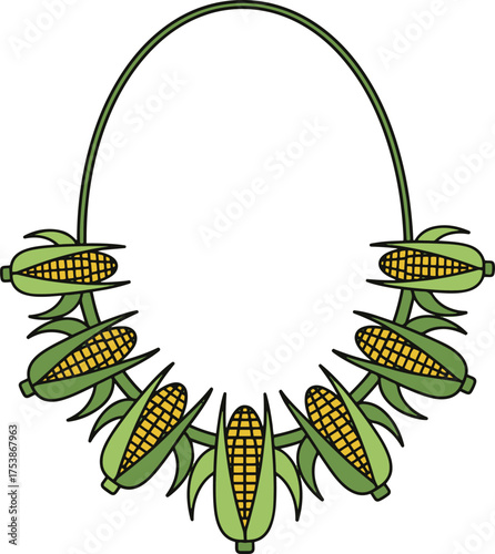 A unique vector illustration of a statement necklace featuring a circular gold chain adorned with numerous stylized corn cobs and their husks, designed in a playful, cartoonish style.